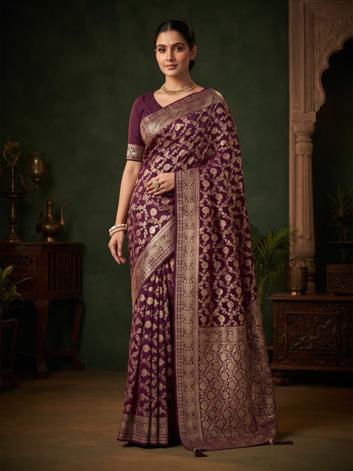 Meher Plum Gold Floral Zari Silk Blend Saree