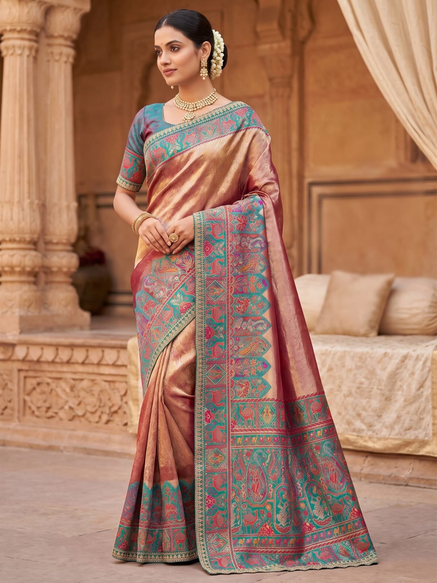 Nayara Rose Gold Teal Zari Woven Silk Blend Saree