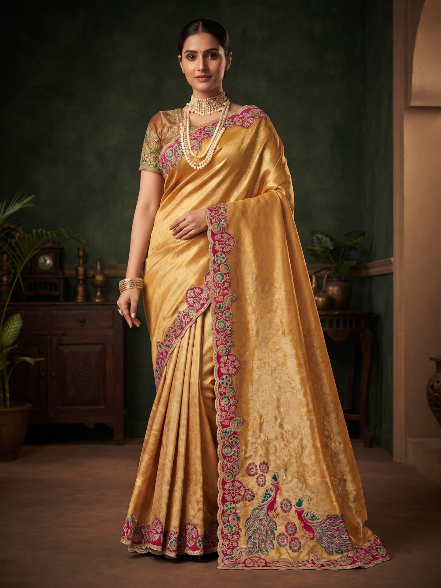 Nayra Golden Peacock Floral Embroidered Silk Blend Saree