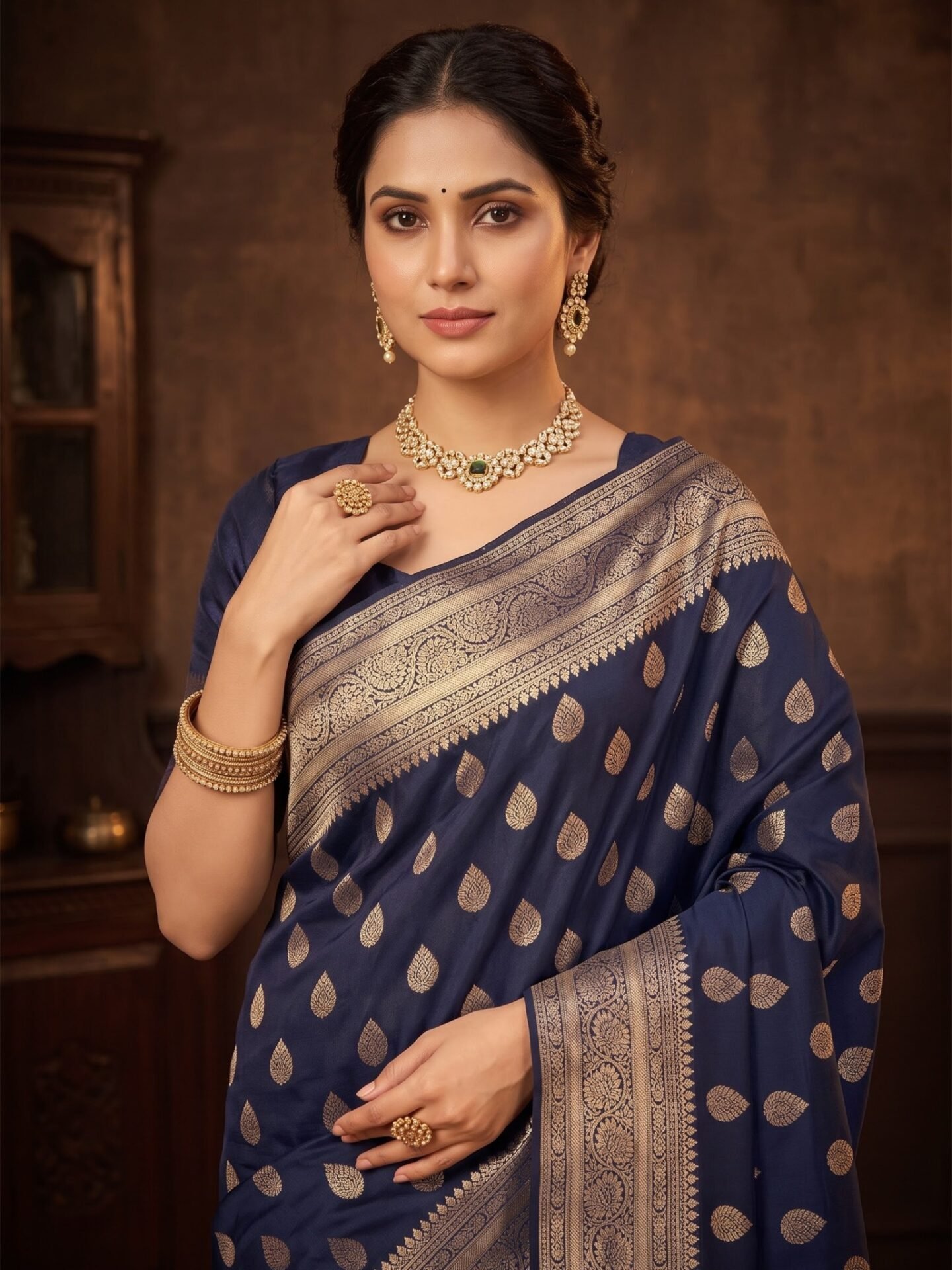 Neelambari Navy Gold Zari Buta Silk Blend Saree
