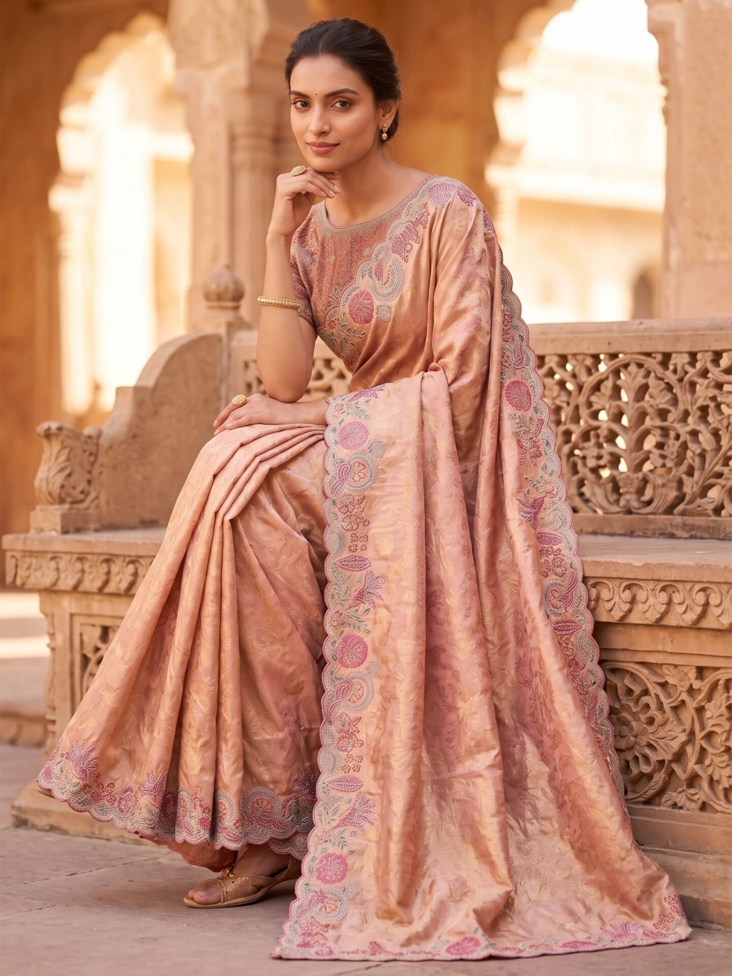 Parisha Blush Rose Embroidered Silk Blend Saree