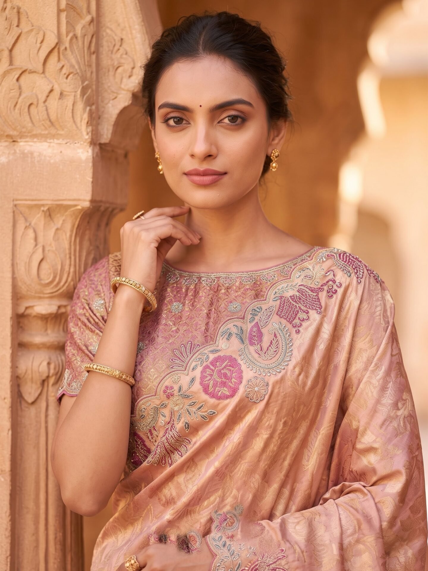Parisha Blush Rose Embroidered Silk Blend Saree - Image 3