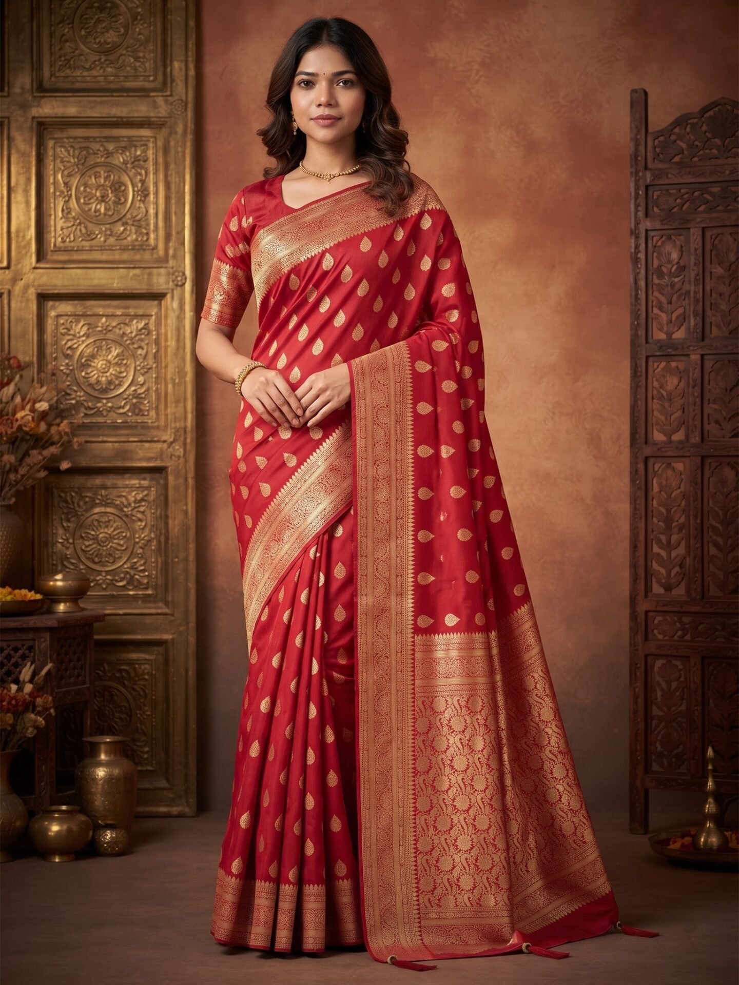 Rajshri Crimson Gold Zari Buta Silk Blend Saree