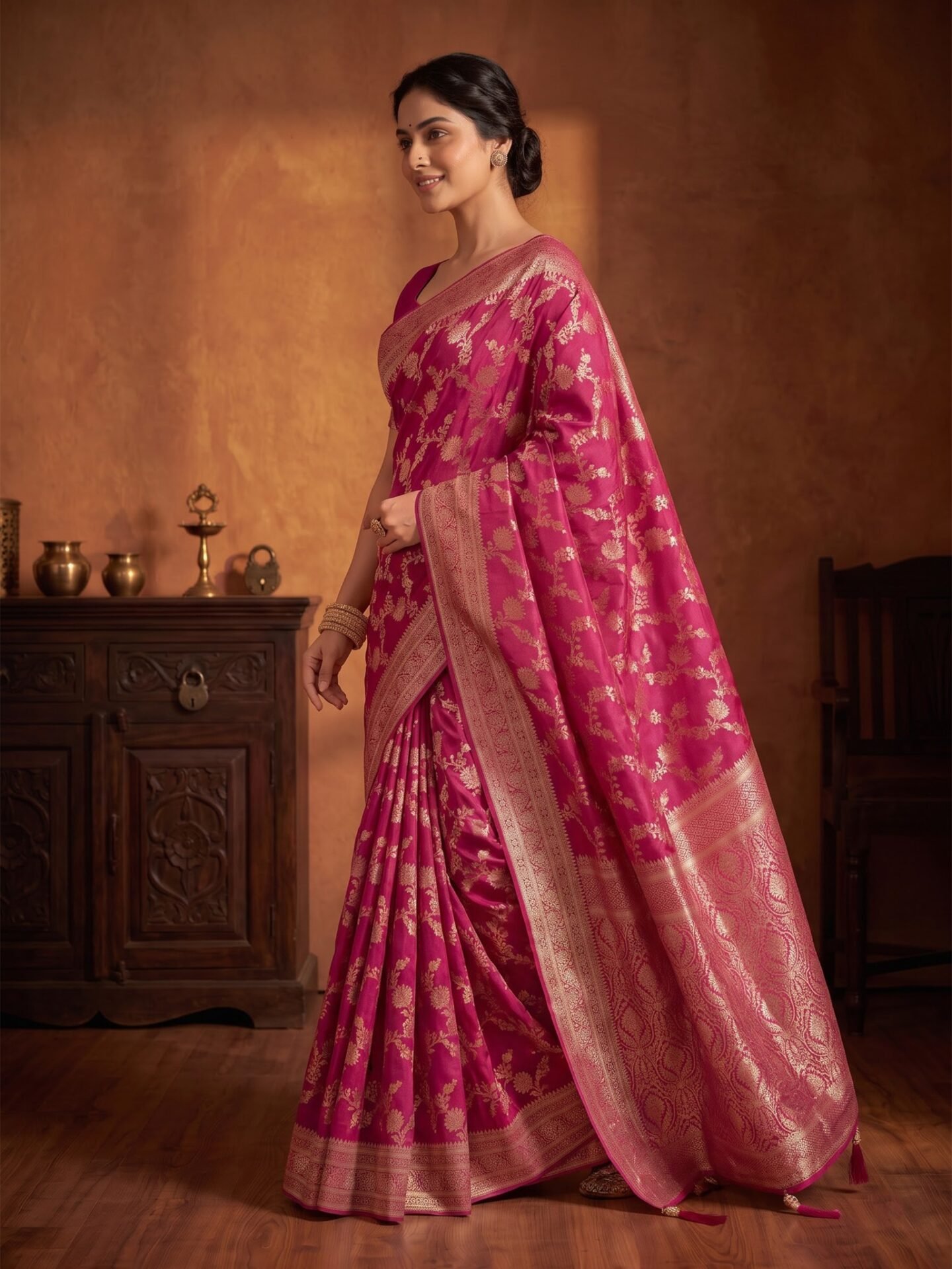 Rani Veda Zari Floral Banarasi Saree - Image 3