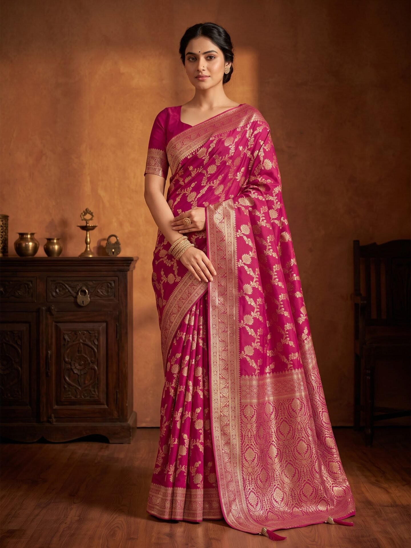 Rani Veda Zari Floral Banarasi Saree - Image 4