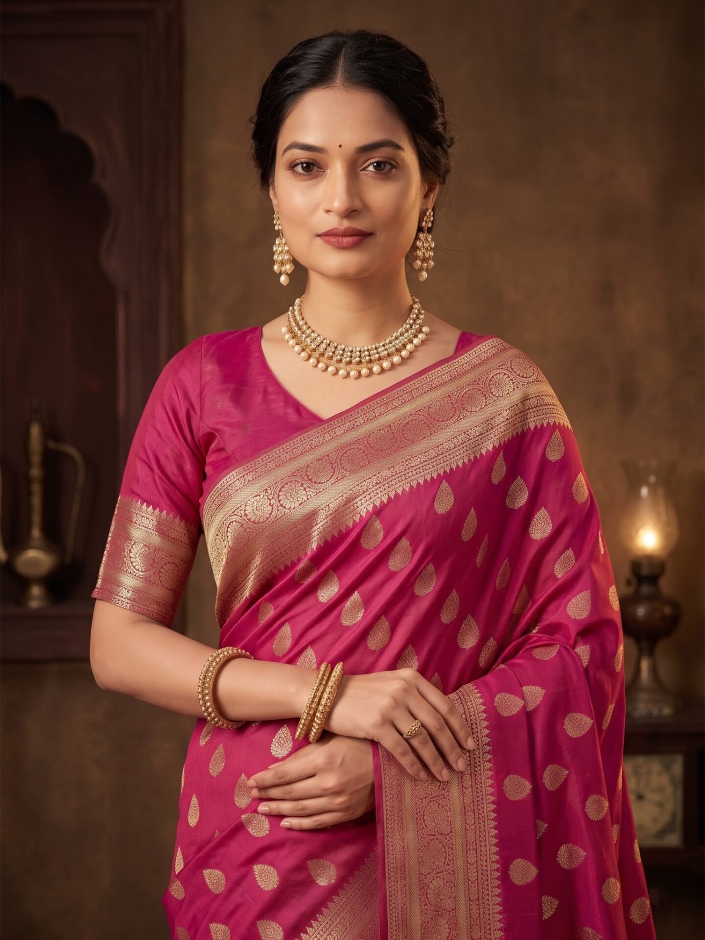 Ruhani Rani Pink Gold Zari Buta Silk Blend Saree