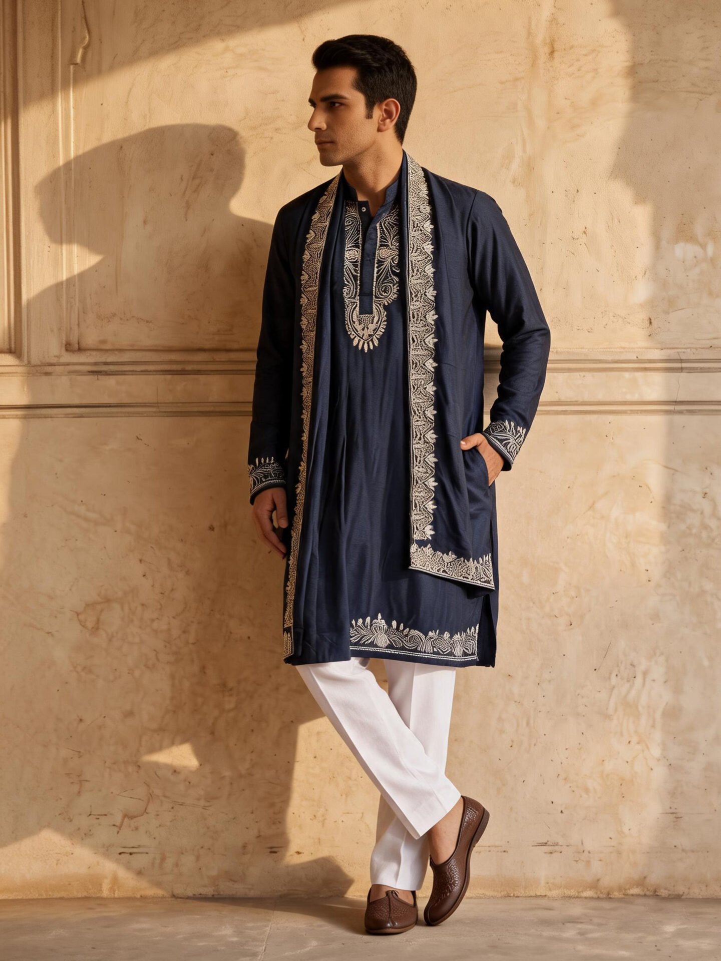 Navy Blue Embroidered Men's Kurta with Dupatta - Image 3