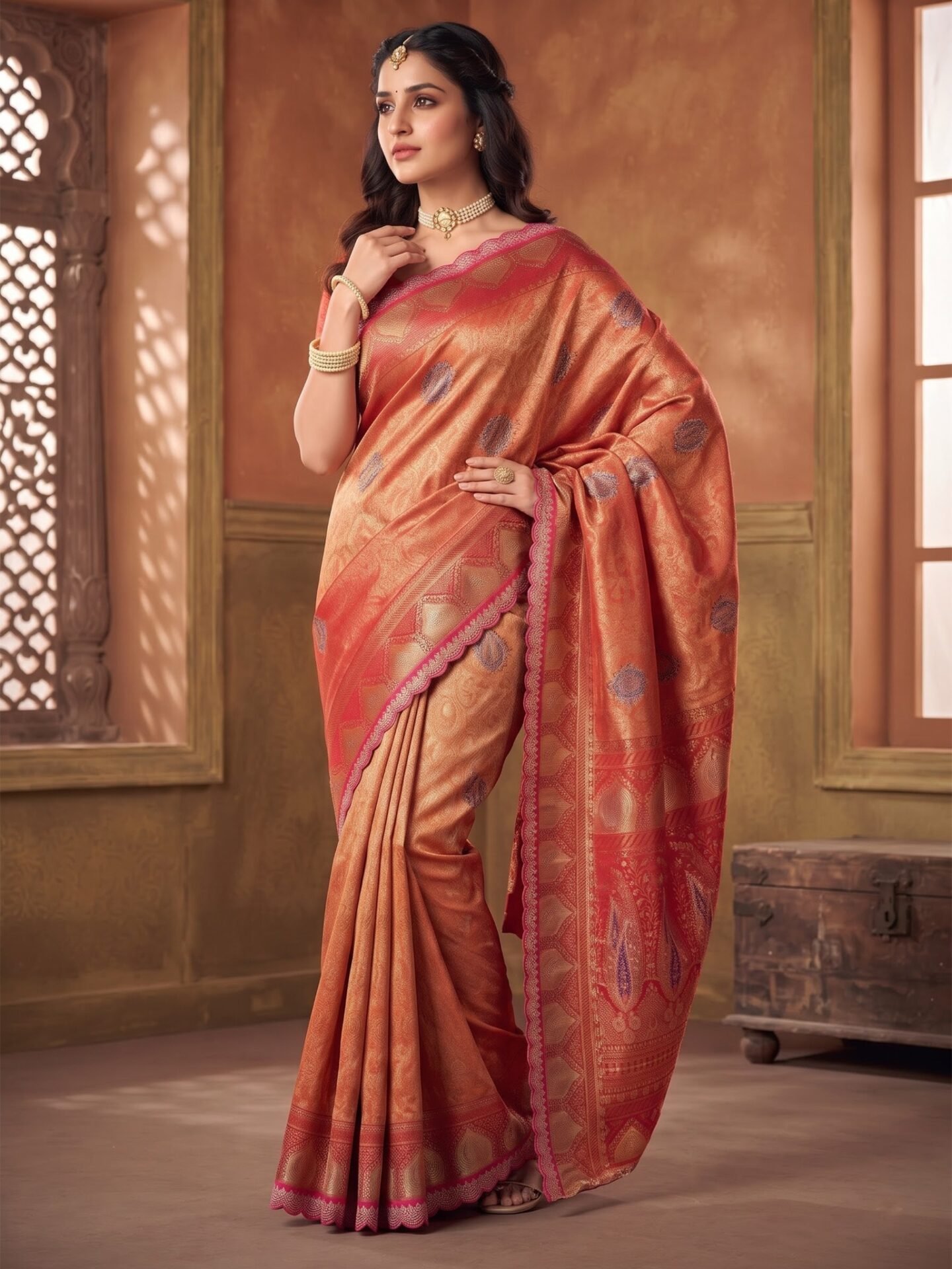 Taarika Surkh Coral Zari Woven Silk Blend Saree