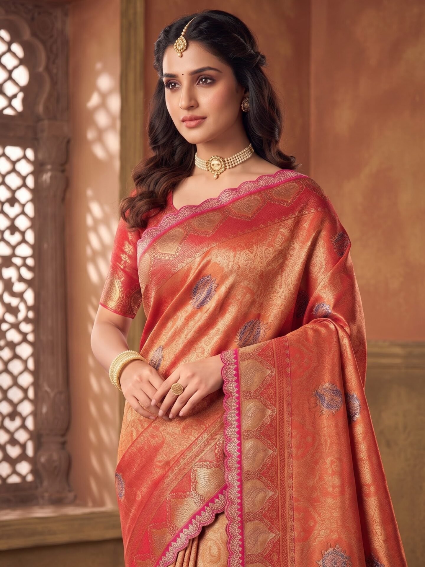 Taarika Surkh Coral Zari Woven Silk Blend Saree - Image 2