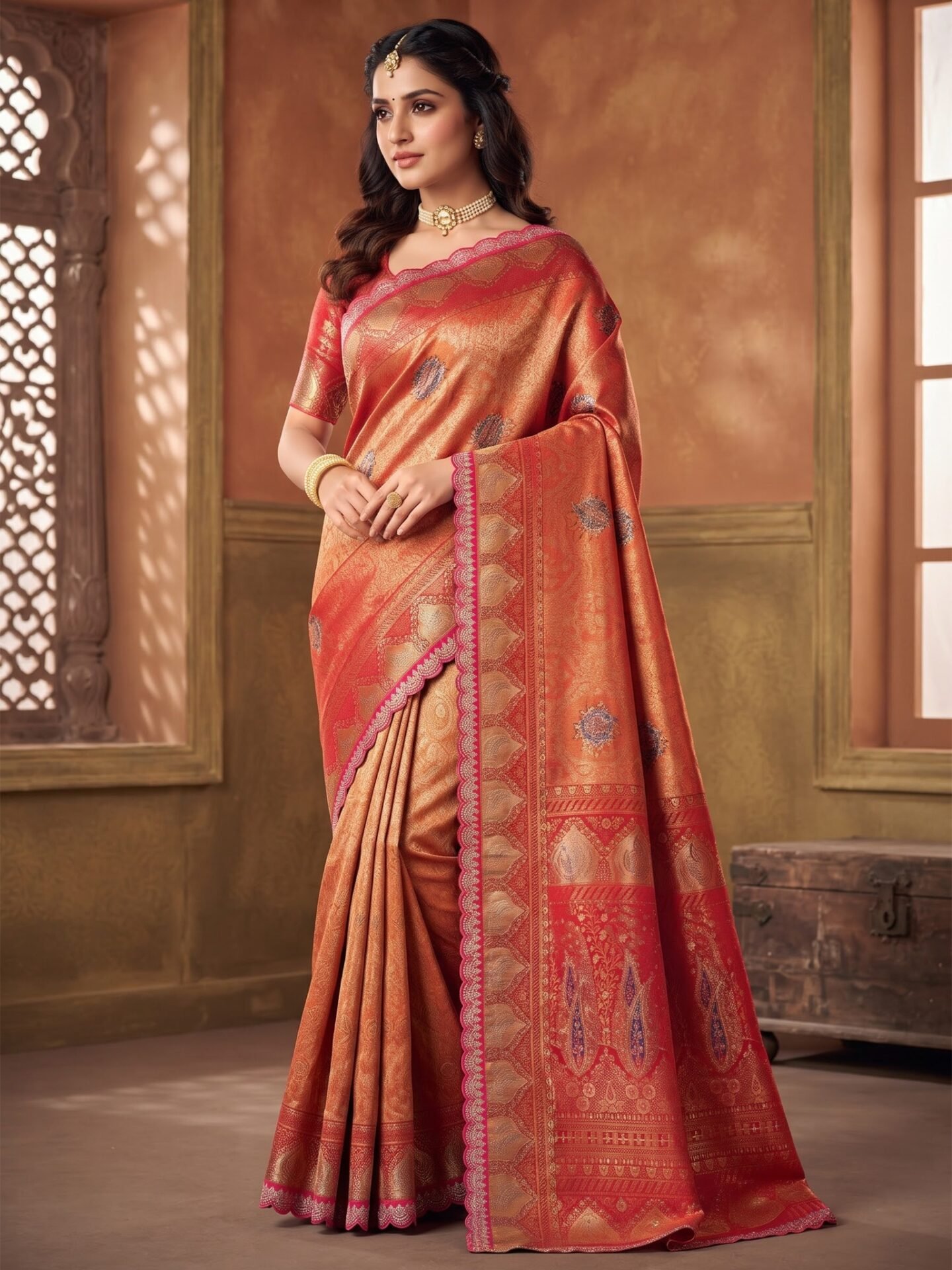 Taarika Surkh Coral Zari Woven Silk Blend Saree - Image 3