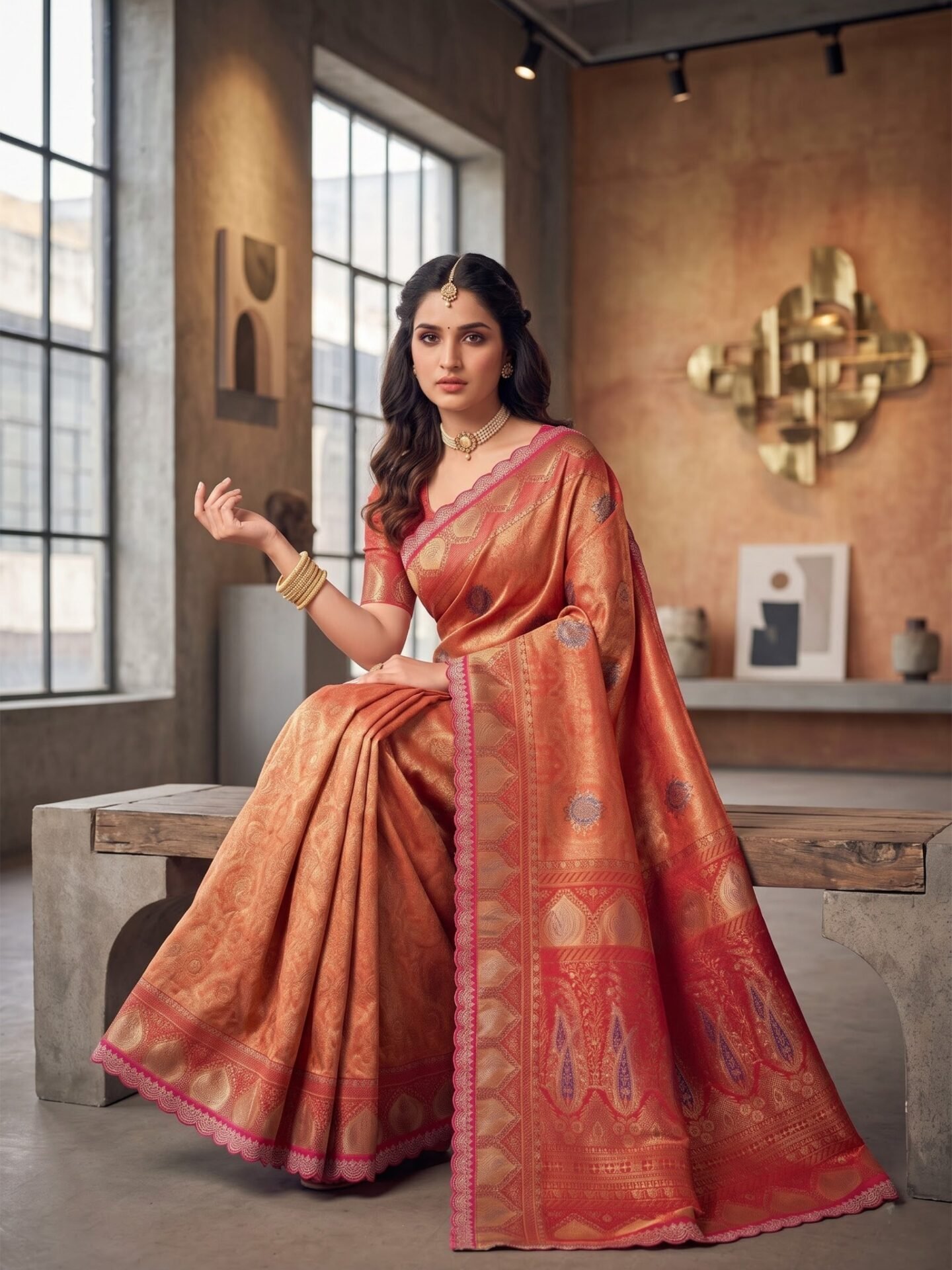 Taarika Surkh Coral Zari Woven Silk Blend Saree - Image 4