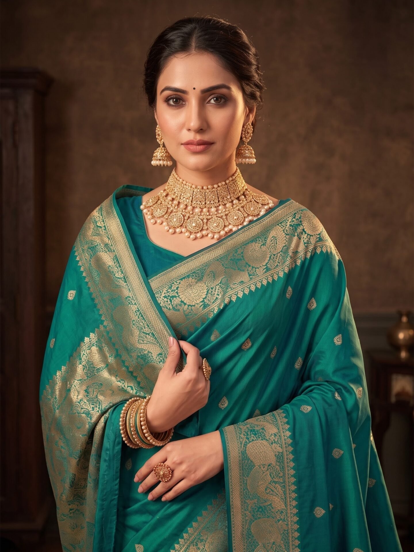 Vaanya Teal Gold Elephant Zari Silk Blend Saree