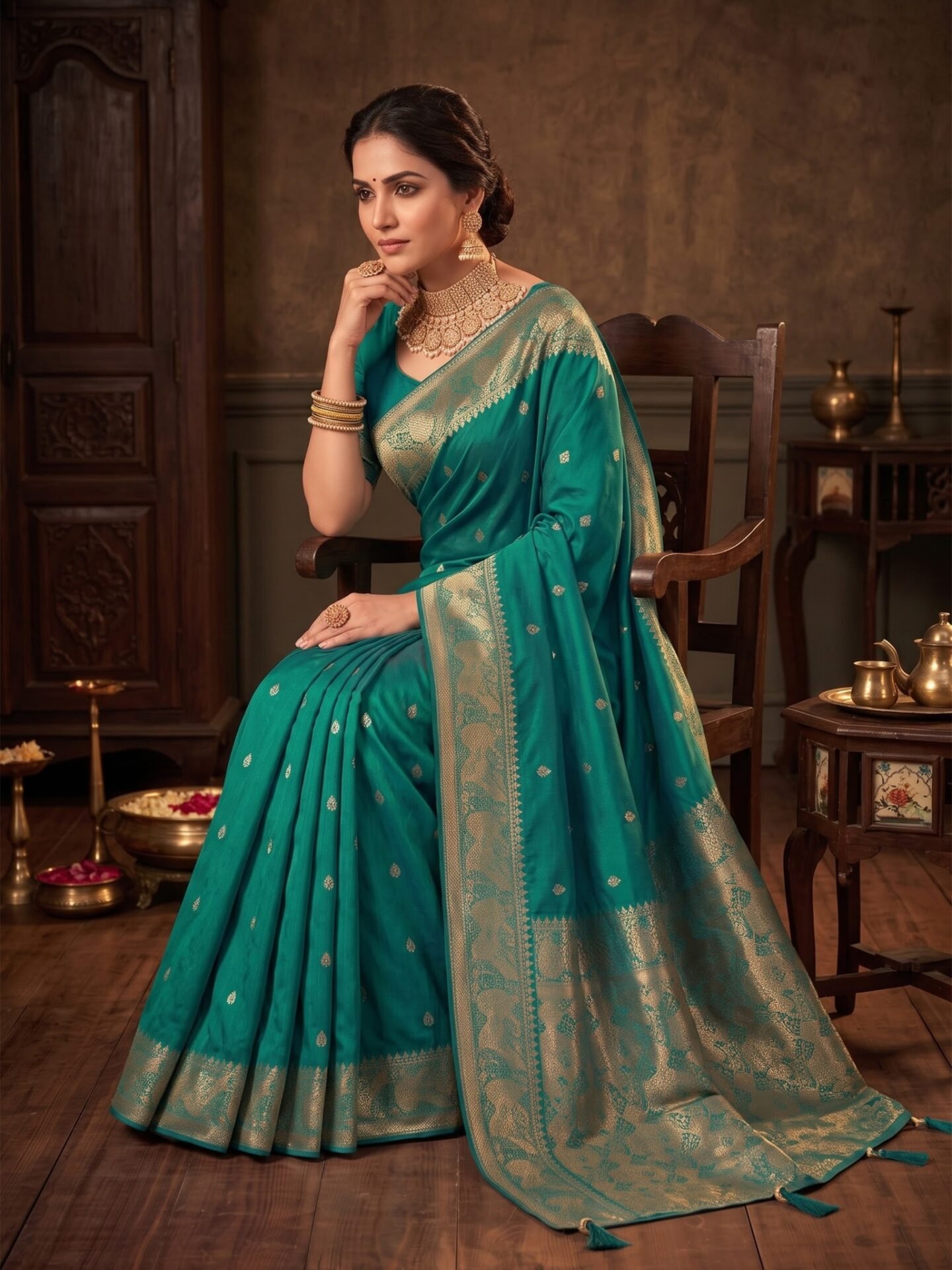 Vaanya Teal Gold Elephant Zari Silk Blend Saree - Image 2