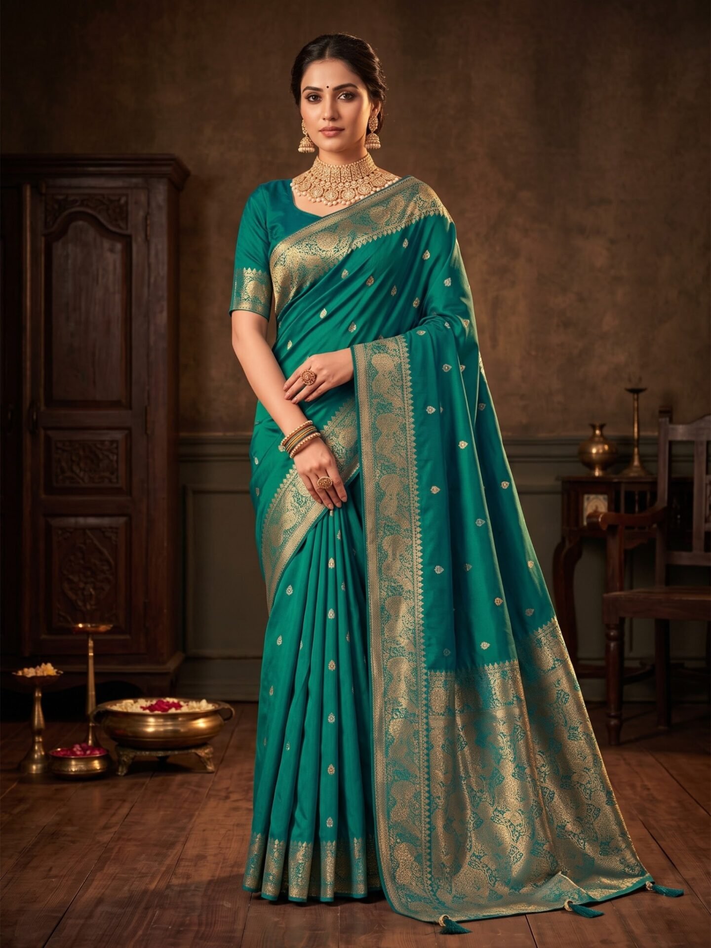 Vaanya Teal Gold Elephant Zari Silk Blend Saree - Image 3