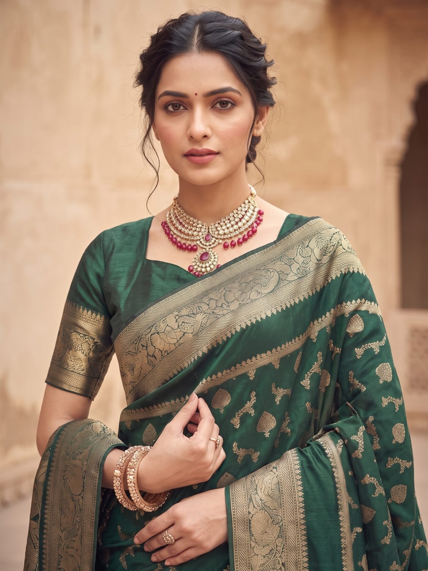 Vanya Emerald Gold Zari Floral Silk Blend Saree