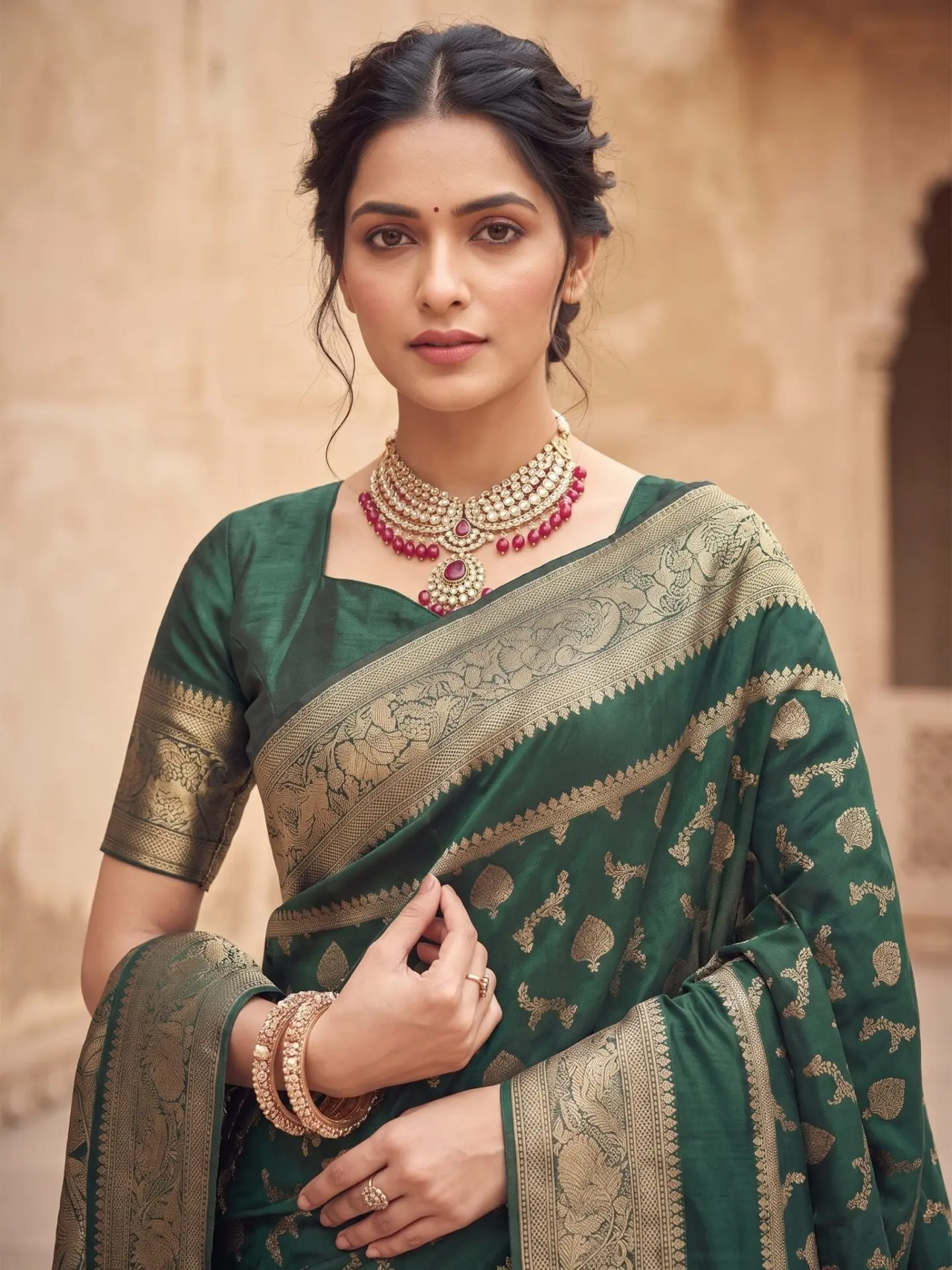Vanya Emerald Gold Zari Floral Silk Blend Saree