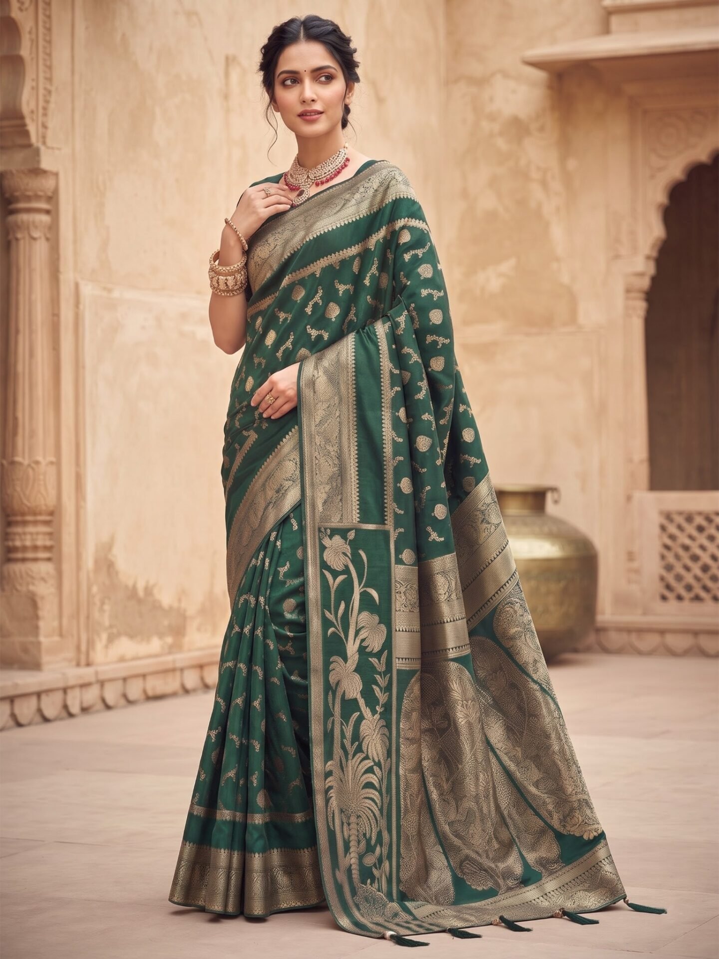 Vanya Emerald Gold Zari Floral Silk Blend Saree - Image 2