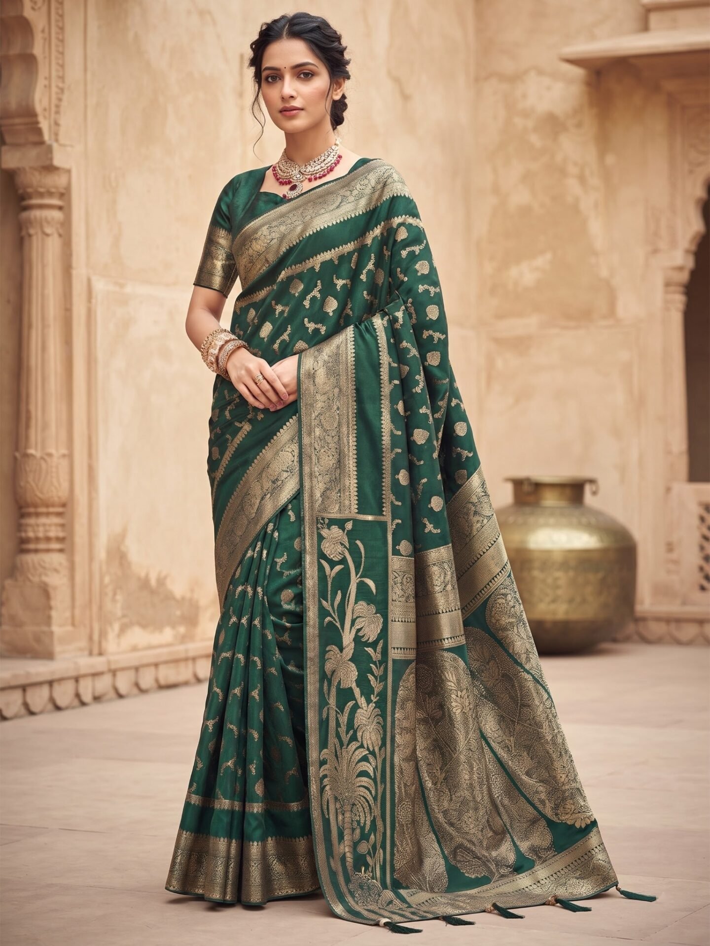 Vanya Emerald Gold Zari Floral Silk Blend Saree - Image 3