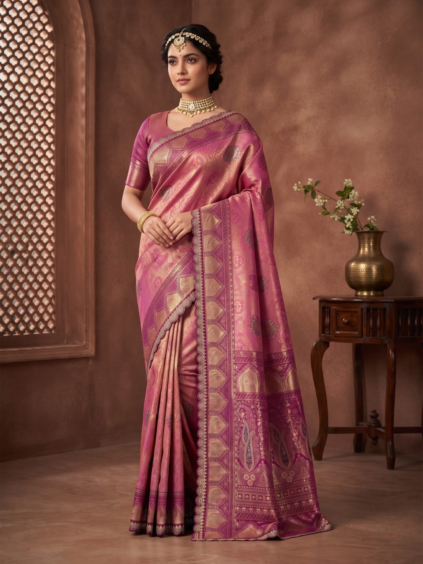 Varnika Gulnaar Rose Pink Zari Woven Silk Blend Saree