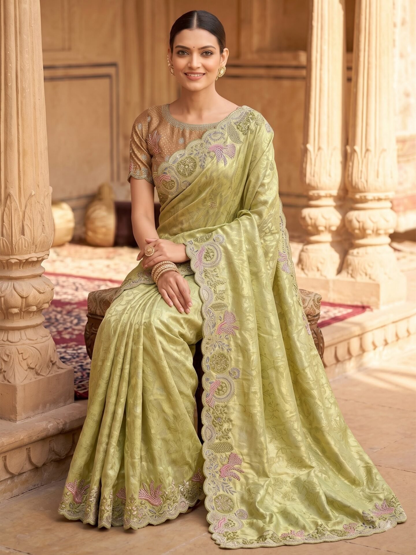 Zaria Pistachio Floral Embroidered Silk Blend Saree